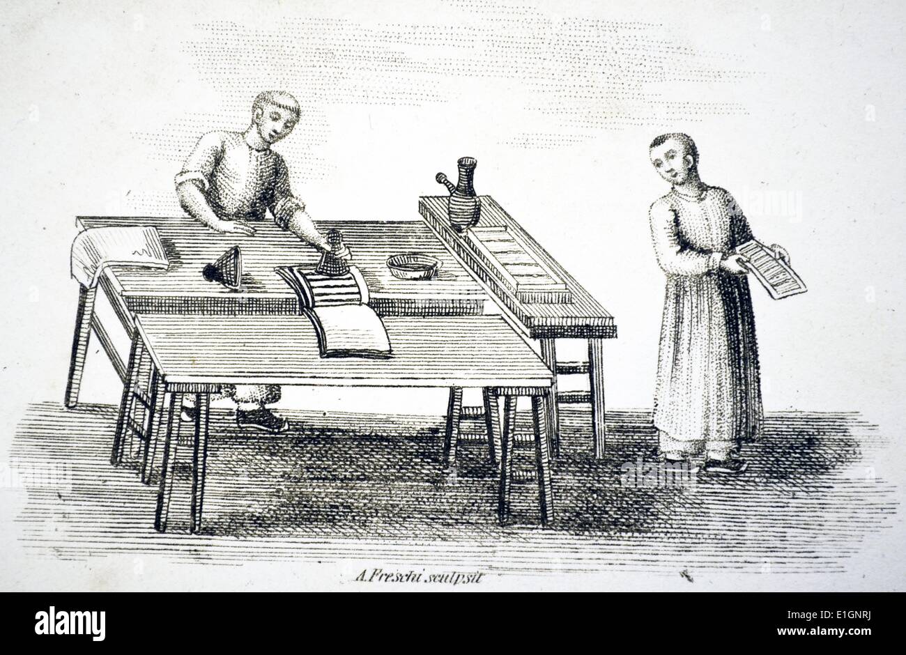 Bloqueo de la impresión en China. Stipple grabado, China 1812. Foto de stock