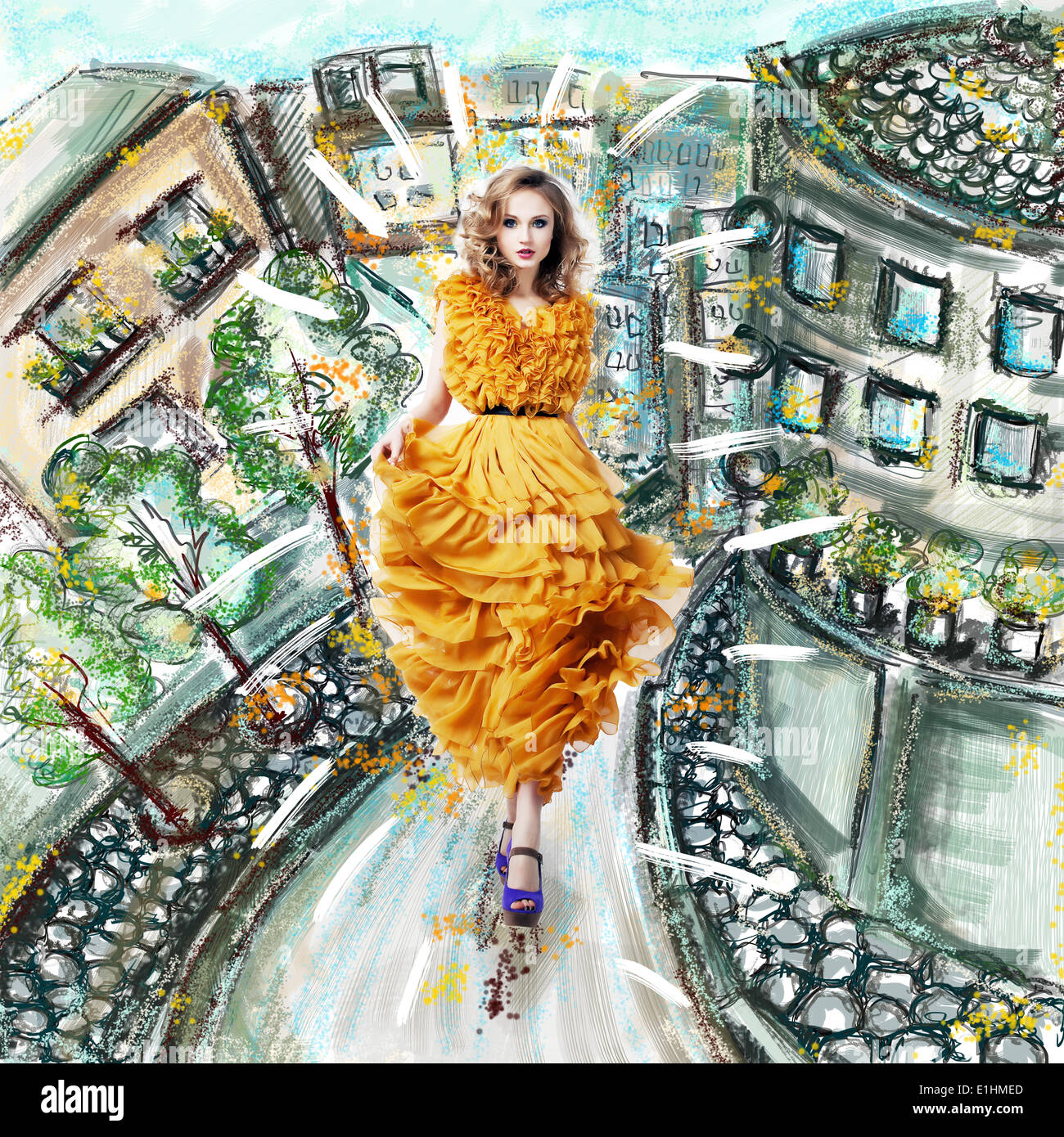 Mujer hermosa rubia modelo de pasarela en vestido amarillo Foto de stock