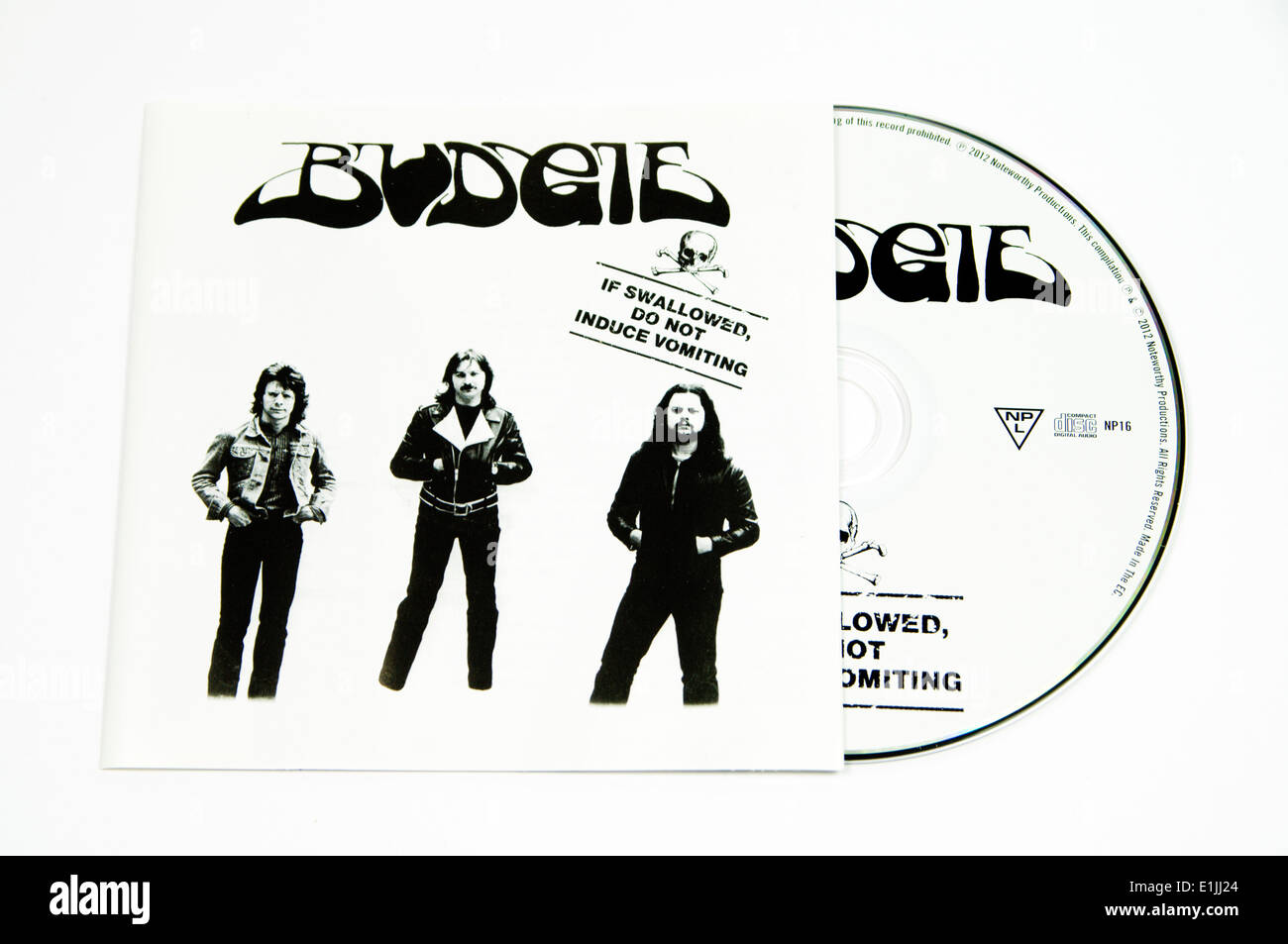 Budgie 'en caso de ingestión no induzca el vómito' CD album de rock progresivo Foto de stock