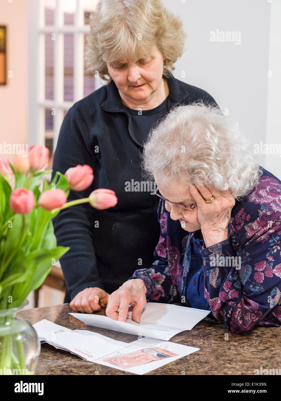 Leer los detalles de una carta. Una mujer mayor lee una carta, una mano siguiendo el texto mientras que la otra admite su cabeza Foto de stock