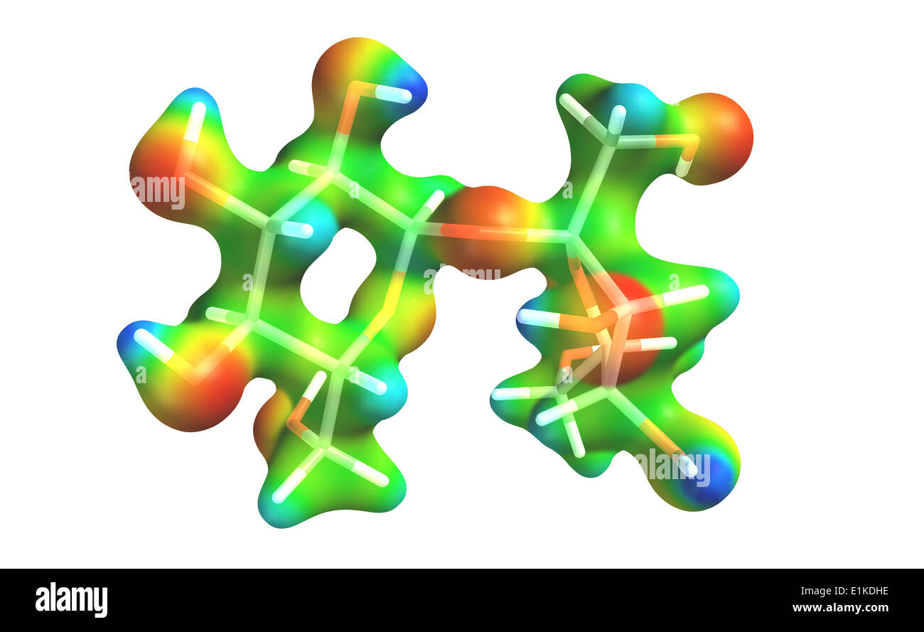 La sacarosa modelo molecular del mapa de color representa el potencial electrostático a través de la molécula de la superficie, los átomos son Foto de stock