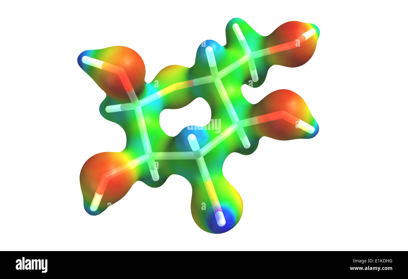 La glucosa modelo molecular del mapa de color representa el potencial electrostático a través de la molécula de la superficie átomos son Foto de stock