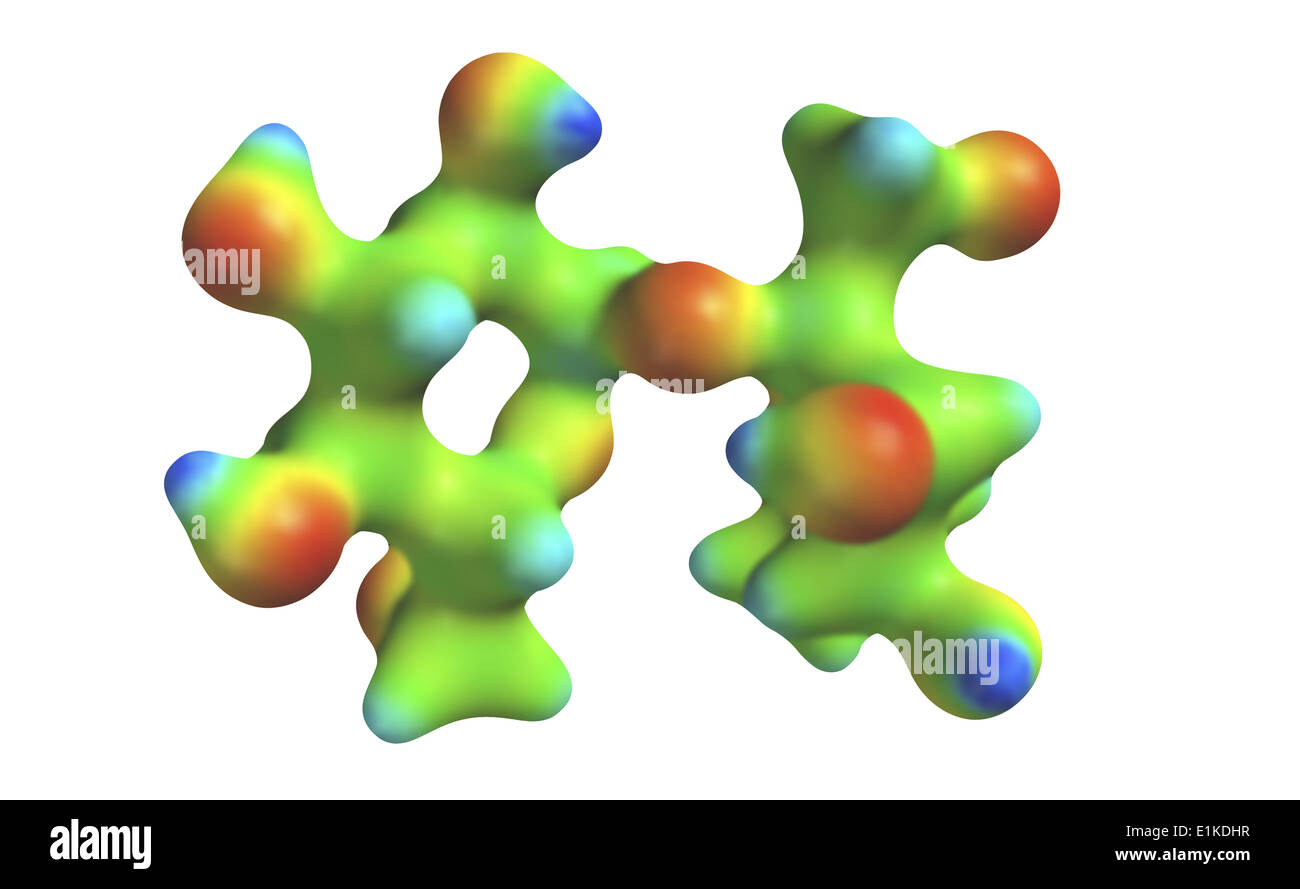 La sacarosa modelo molecular del mapa de color representa el potencial electrostático a través de la molécula de la superficie. Foto de stock