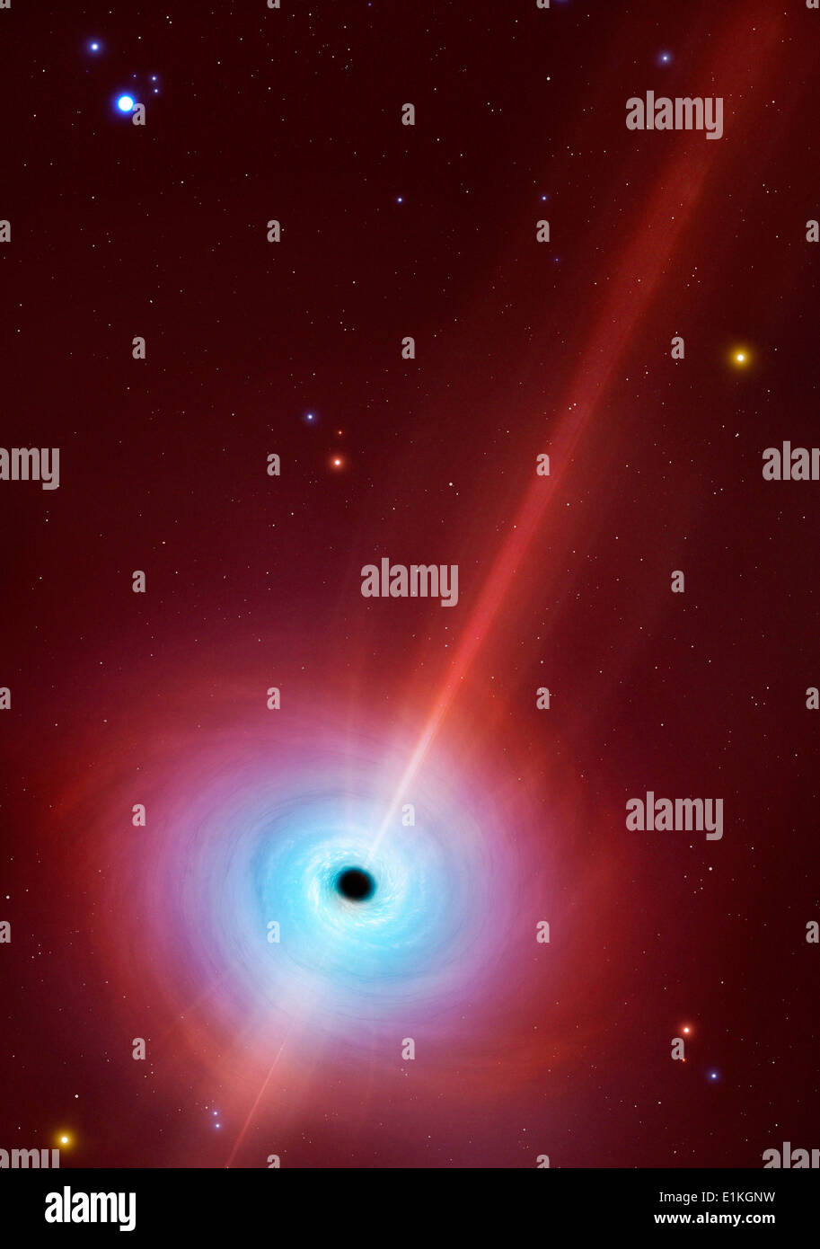 Esta es una obra de arte de un agujero negro supermasivo con un chorro streaming hacia afuera a casi la velocidad de la luz negra activo Foto de stock