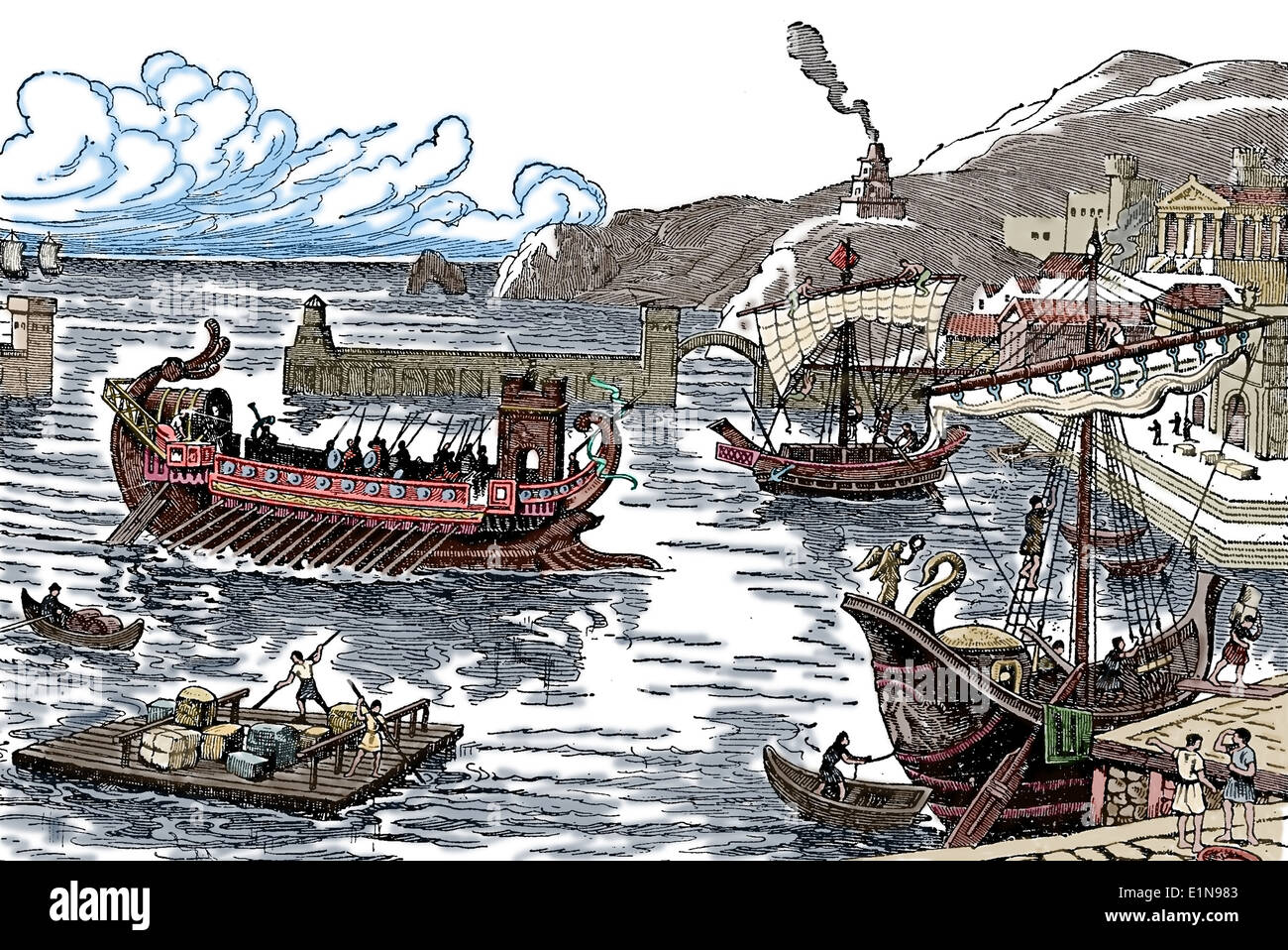 La antigua Roma. Puerto desde la época del Imperio Romano. Grabado. Posteriormente coloración. Foto de stock
