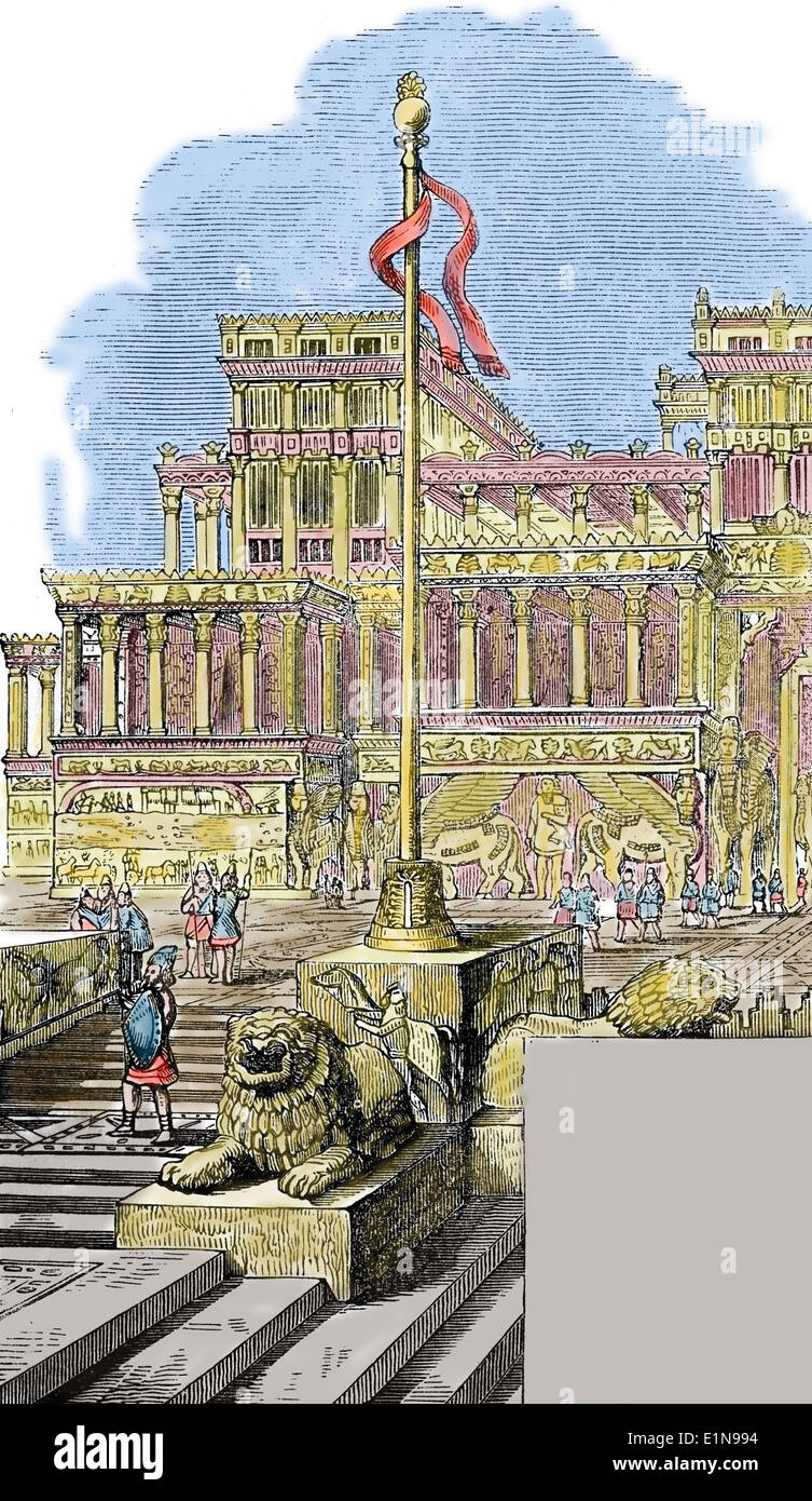 Fachada del Palacio Asirio. La Cyclopedia popular, 1881. Grabado. Posteriormente coloración. Foto de stock