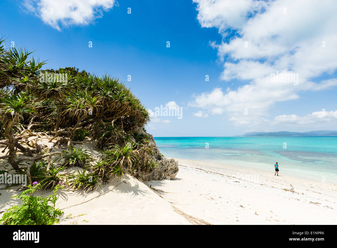 El hombre admira perfecta playa de arena blanca rodeada por las cristalinas aguas tropicales de Okinawa, Japón Foto de stock