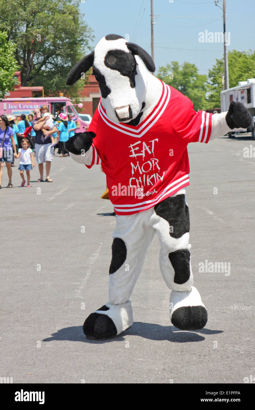 El Chick-fil-a una vaca está bailando en el Festival Internacional de cine y desfiles de moda. Foto de stock