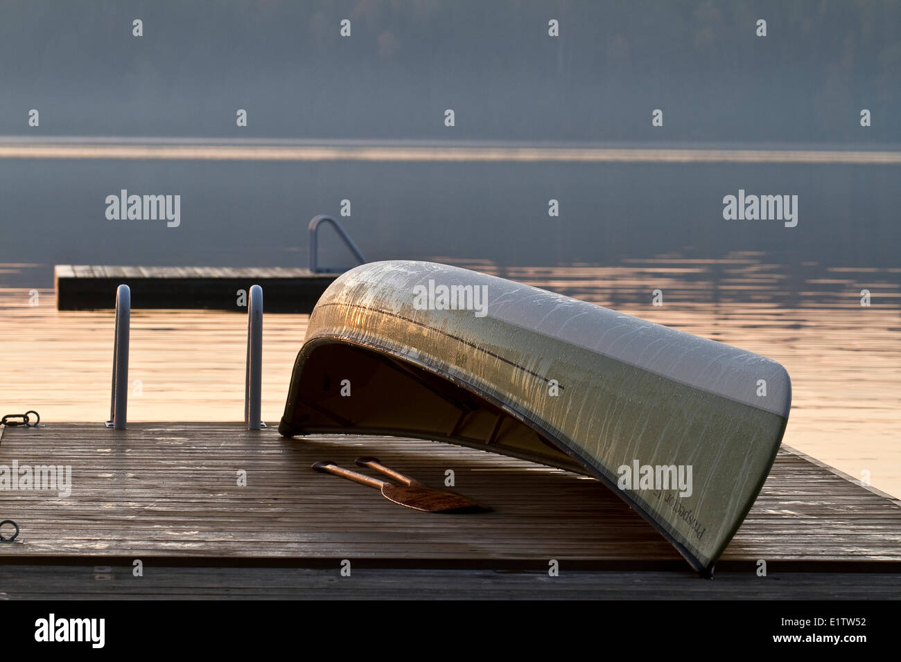Canoa en el muelle, temprano en la mañana, el lago de origen, Algonquin Park, Ontario, Canadá. Foto de stock