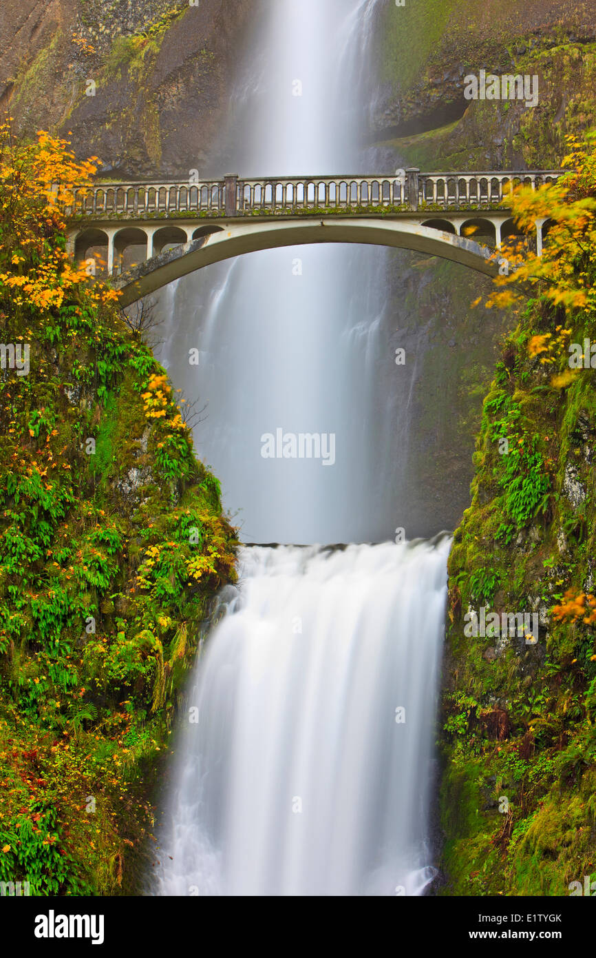 Atracción turística Multnomah cae a 611 pies de altura imponente rugiente cascada a finales de otoño con Benson Bridge Foto de stock
