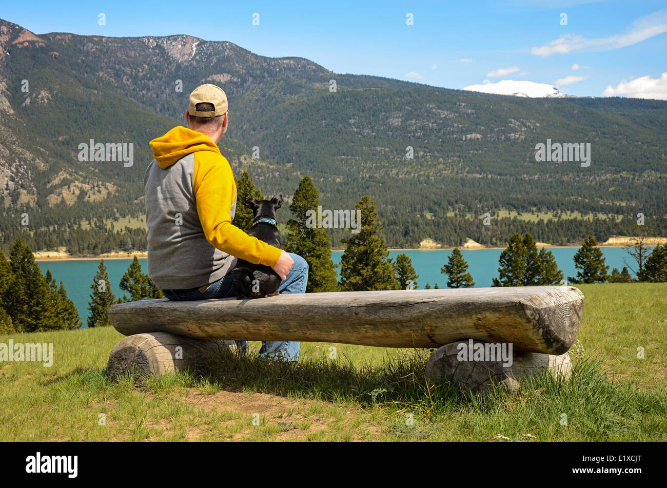 Un hombre y su perro chihuahua sentado en un banco en un lago en las montañas. Foto de stock