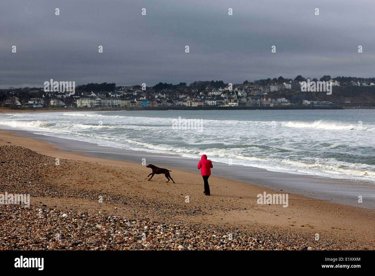 Mujer sola a caminar a su perro en Ballycastle beach en invierno, Condado de Antrim de Irlanda del Norte Foto de stock
