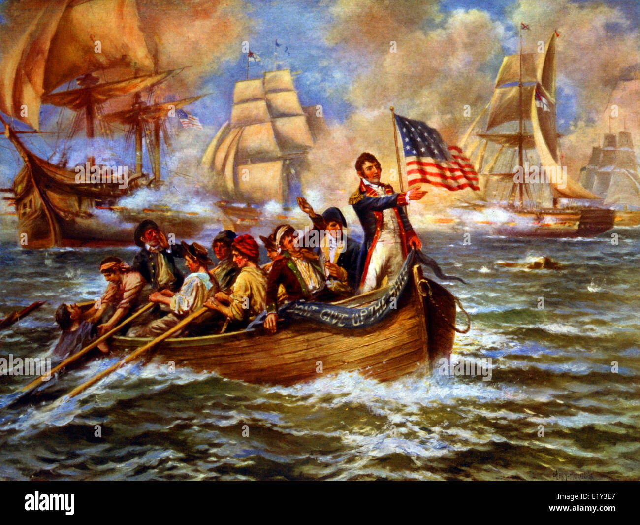 Estampado vintage que representa la batalla del lago Erie. Foto de stock