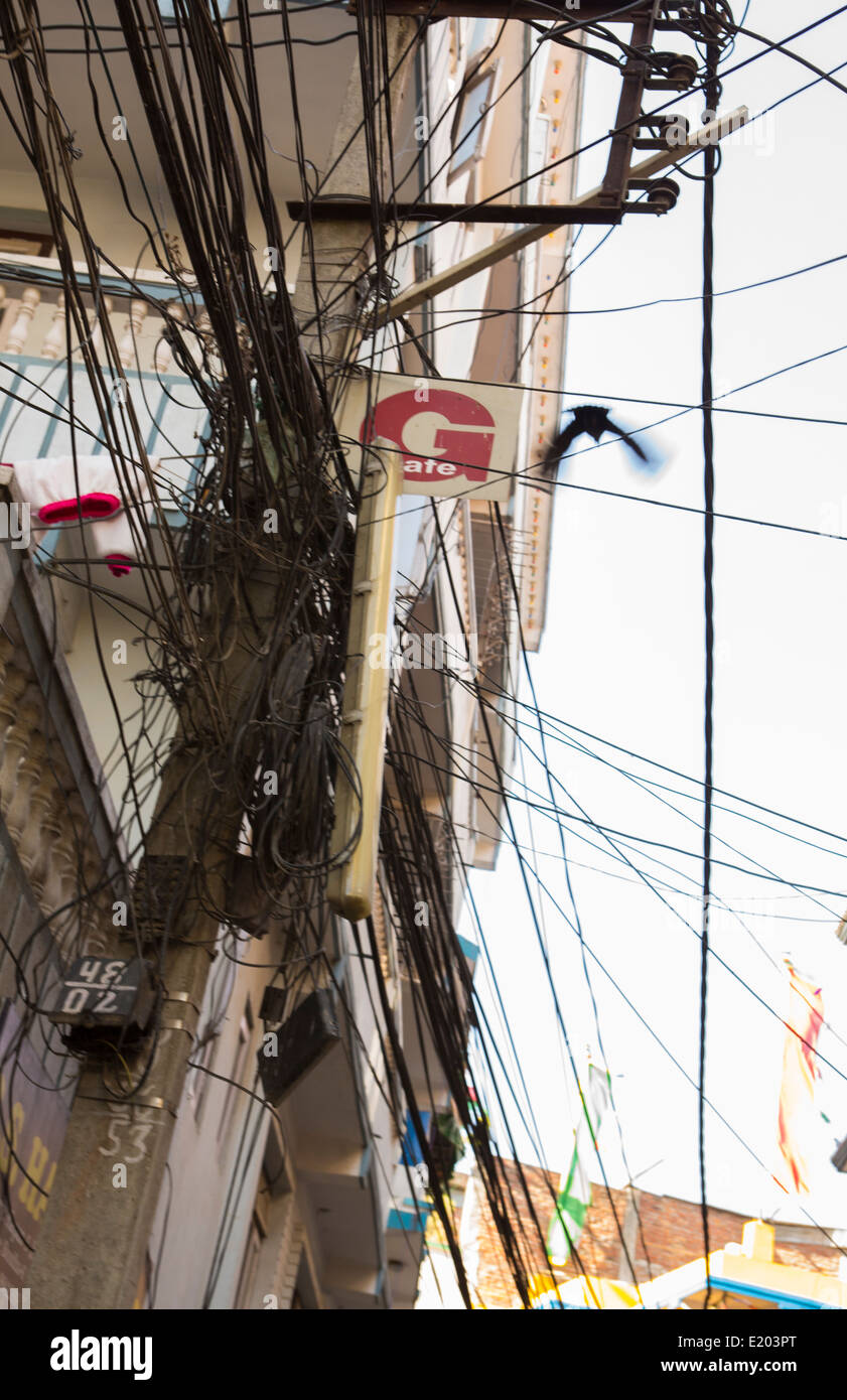 Katmandú, Nepal, donde una paloma vuela a través de una maraña de cables de línea de alimentación Foto de stock