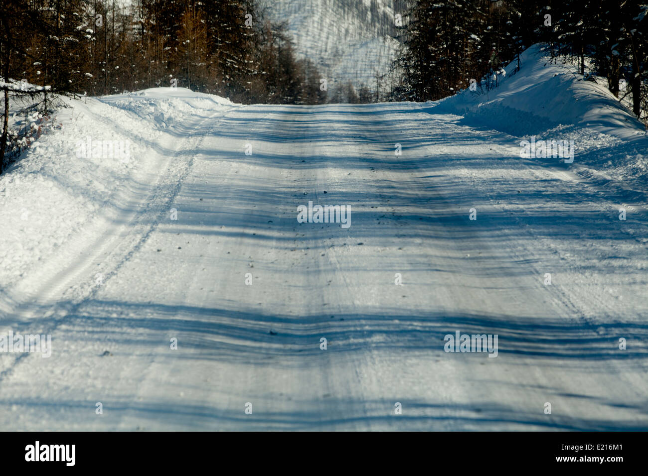 Snowy Mountains snow road cejas sombras de árbol vacío Foto de stock