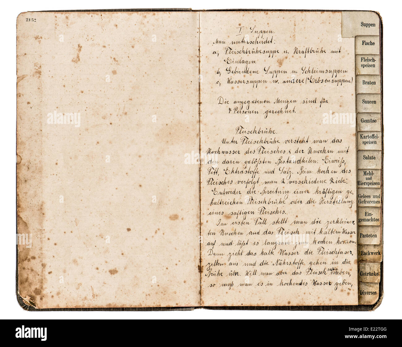 Abrir libro de recetas antiguas con texto manuscrito, sopa de carne en alemán, ca 1900 Foto de stock