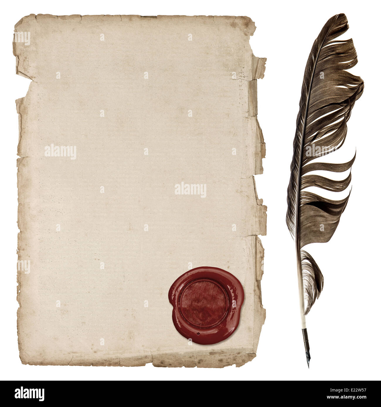 Entre hojas de papel con sellos de cera y tinta pluma pluma aislado sobre fondo blanco. Foto de stock