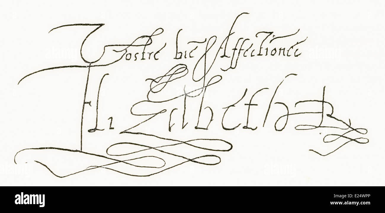 La firma de Isabel I. Elizabeth I, también conocido como la reina virgen, Gloriana o Buena Reina Bess, 1533 - 1603. Reina de Inglaterra Foto de stock