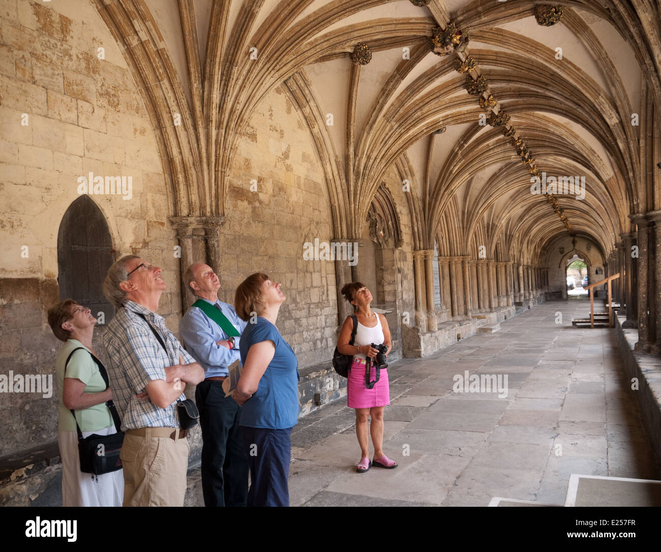 Un grupo de turistas disfrutan de la catedral de Norwich claustro monástico con sus elaboradamente talladas pintadas y doradas salientes Foto de stock