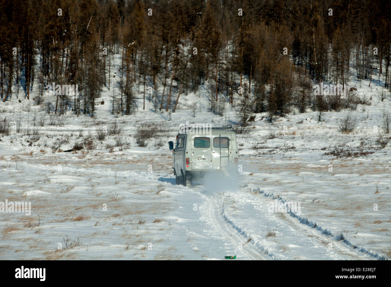 Federación van en nieve profunda pistas forestales de campo Foto de stock