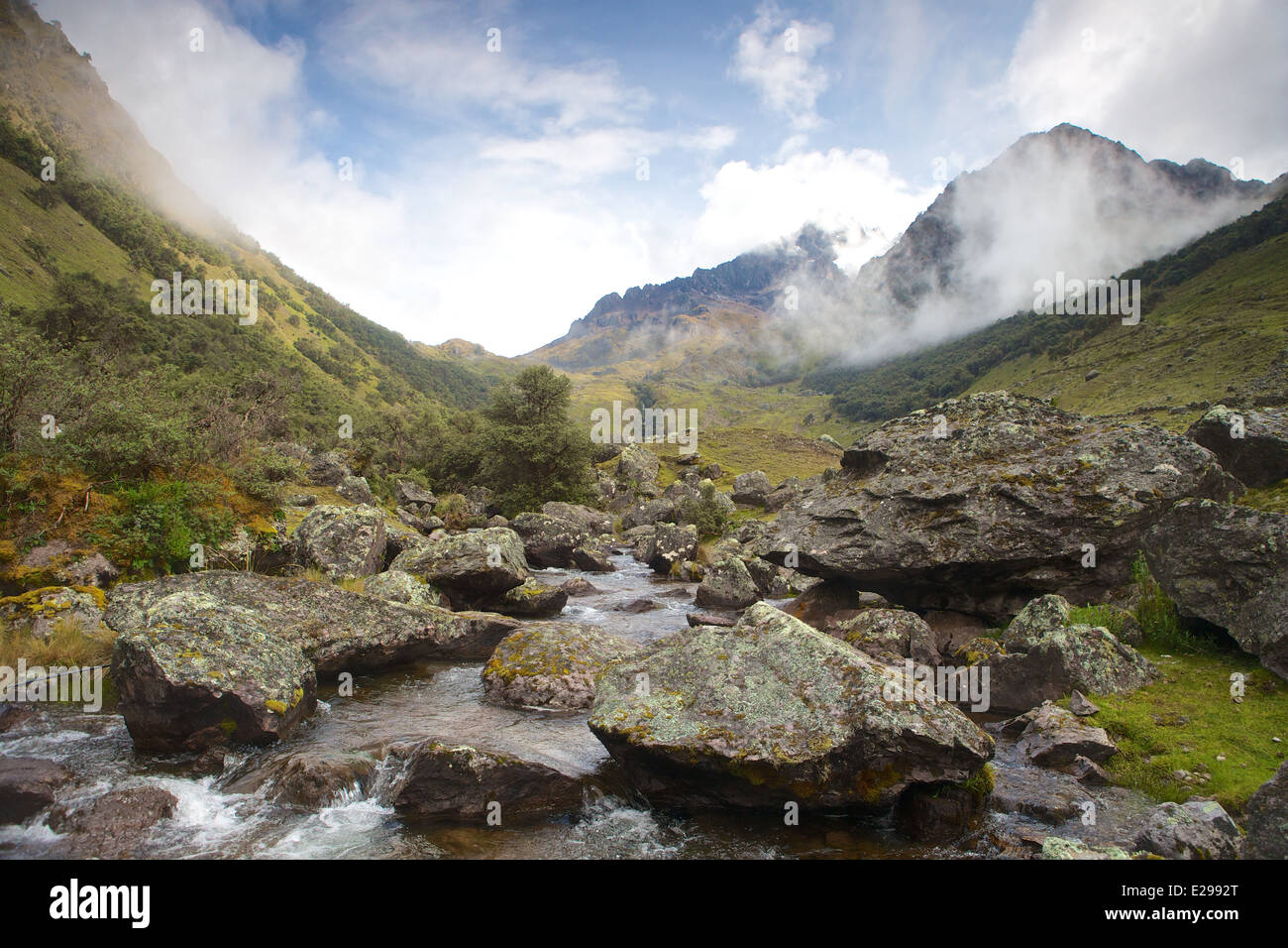 Escena de madrugada junto al río en el valle de Lares, cerca del Mantanay Pass, en lo alto de los Andes en Perú, Sudamérica Foto de stock