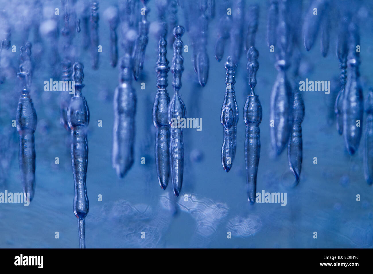 Cubo de hielo con burbujas de aire dentro de la macro fotografía, brillando a través de una luz LED azul Foto de stock
