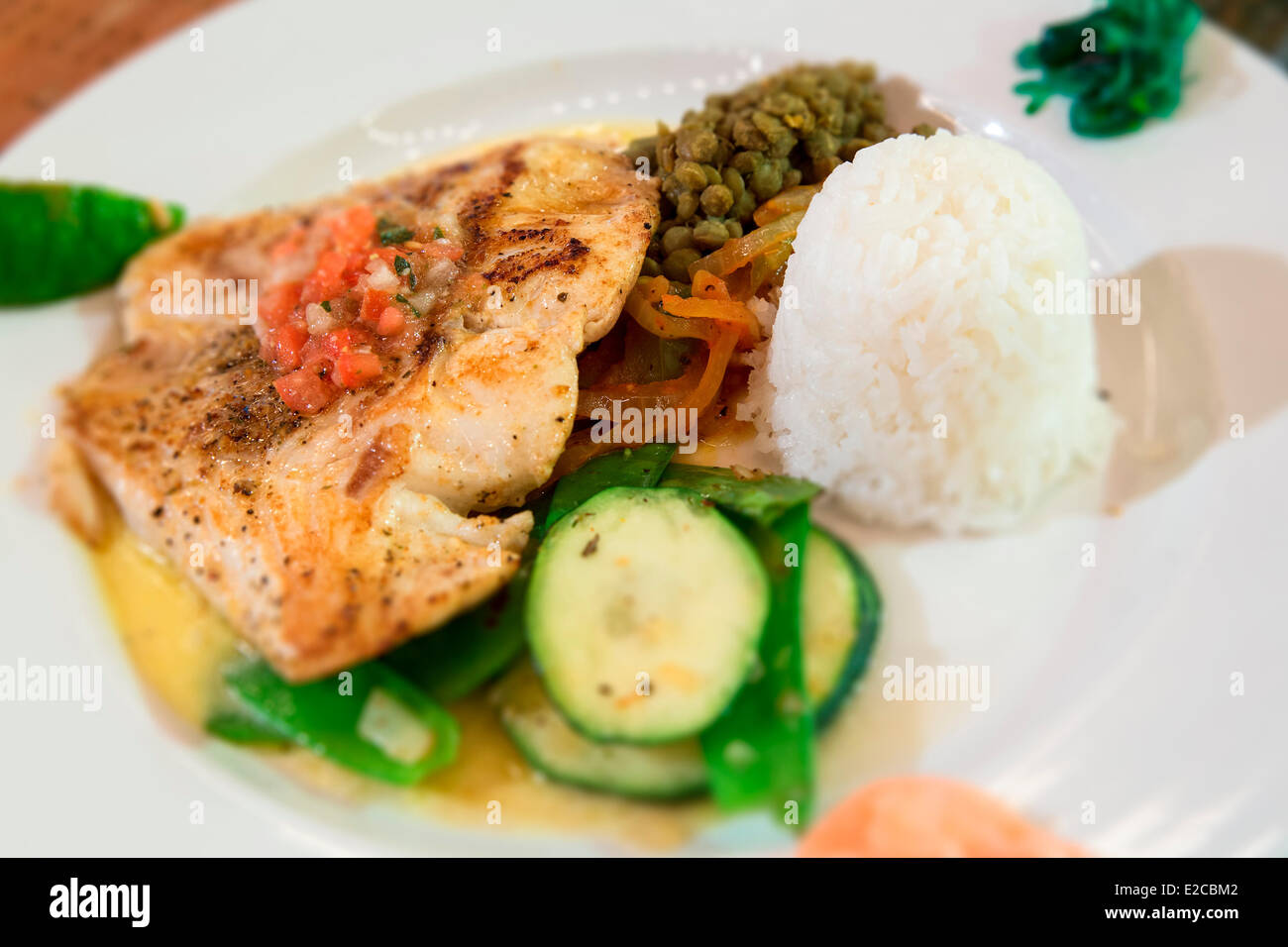 Bahamas, Eleuthera Island, plato de pescado en el restaurante del Tippy Foto de stock