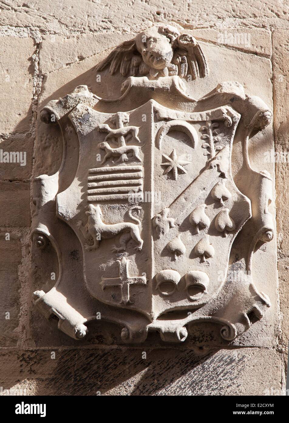 España Región de Navarra Laguardia ornamentada, emblema de la ciudad Foto de stock