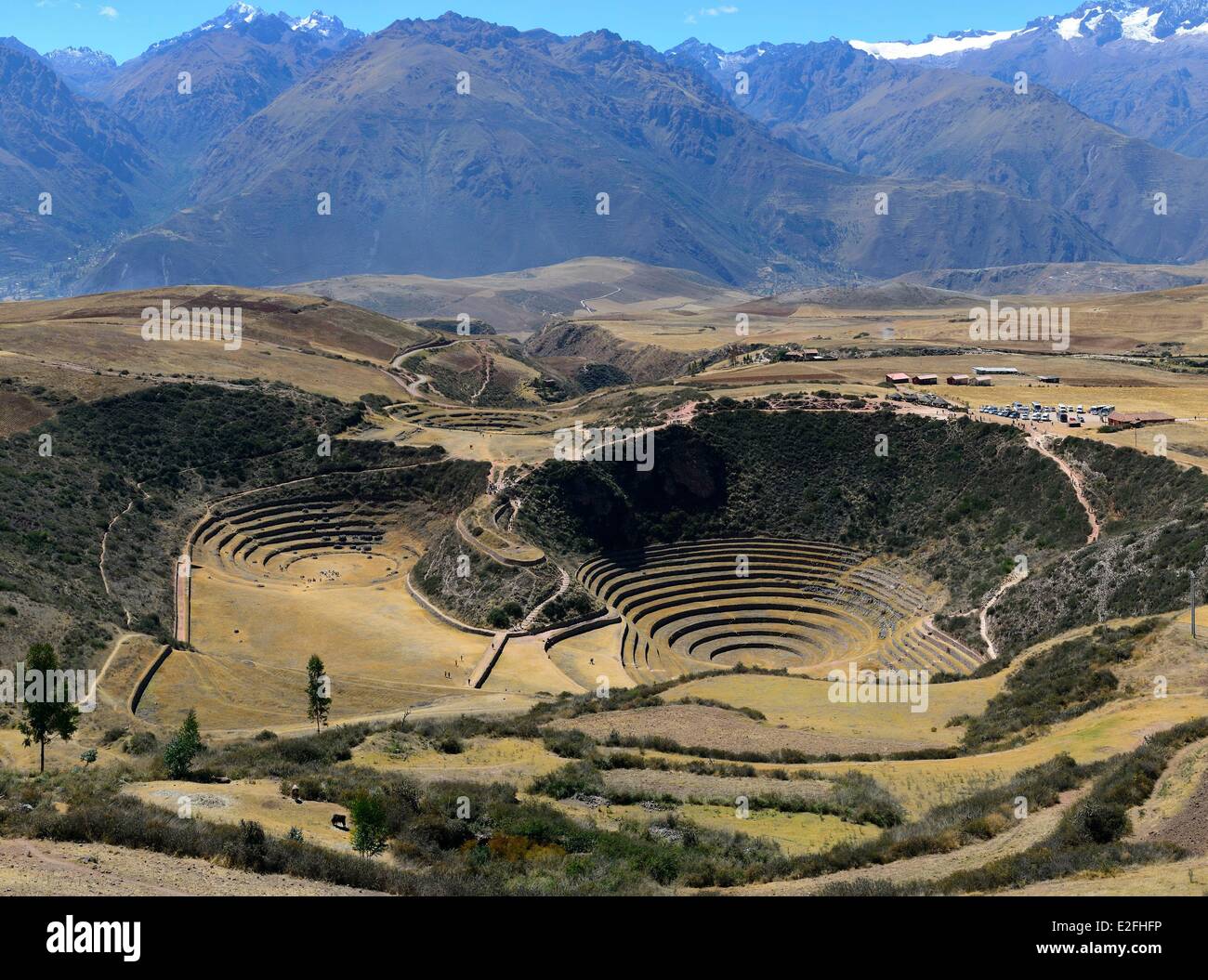 Cusco Perú Provincia Incas Valle Sagrado sitio arqueológico Inca de Moray sirvió como centro de investigación agrícola de los grandes Foto de stock