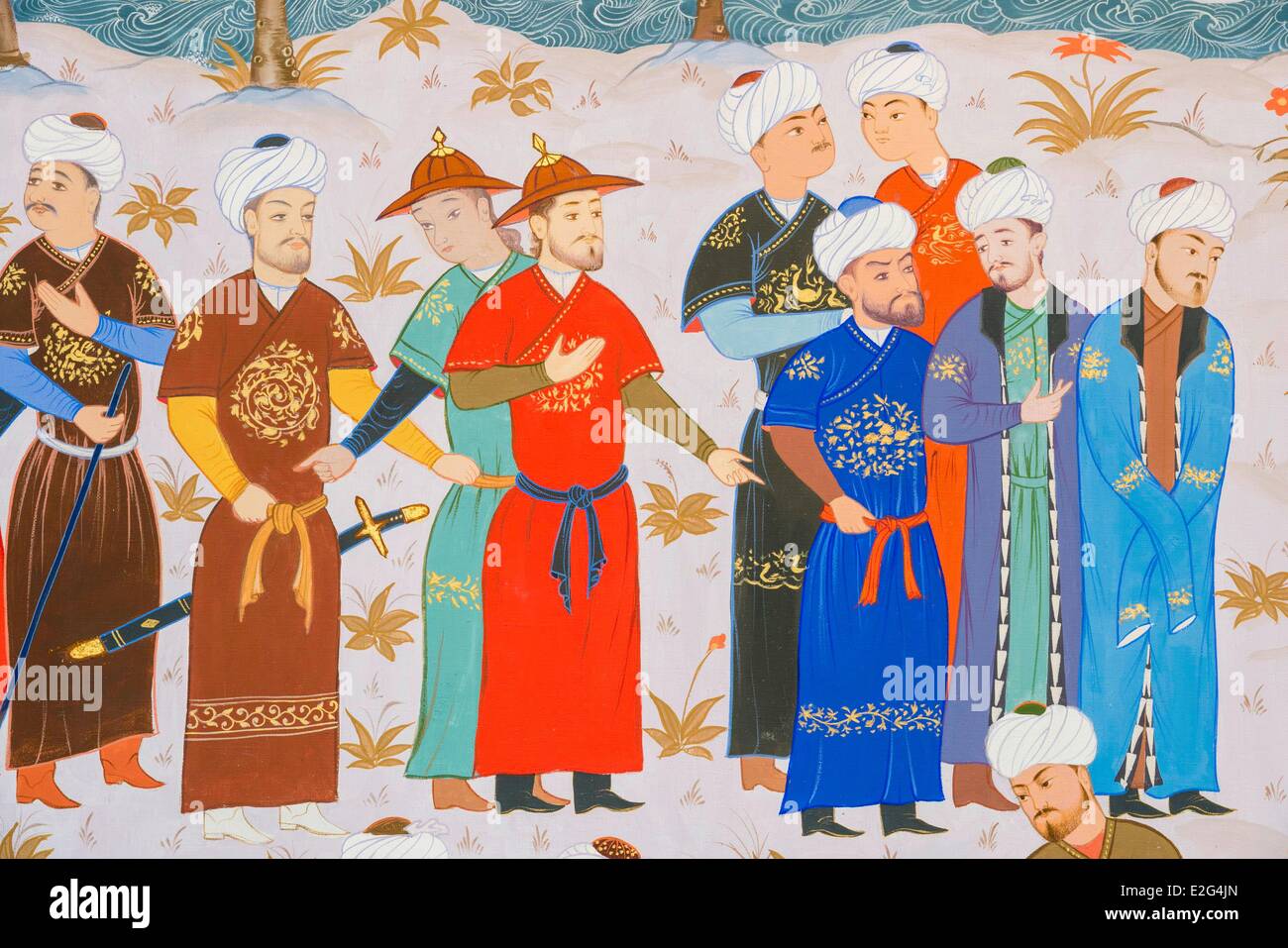 La ruta de la Seda Uzbekistán Tashkent lugar Tamerlán Tamerlán museo detalle de pintura Foto de stock