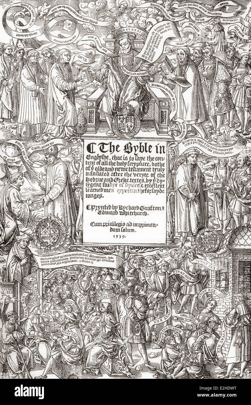 Facsímil de la página del título de la Gran Biblia, también llamada La Biblia de Cromwell, 1539). Foto de stock