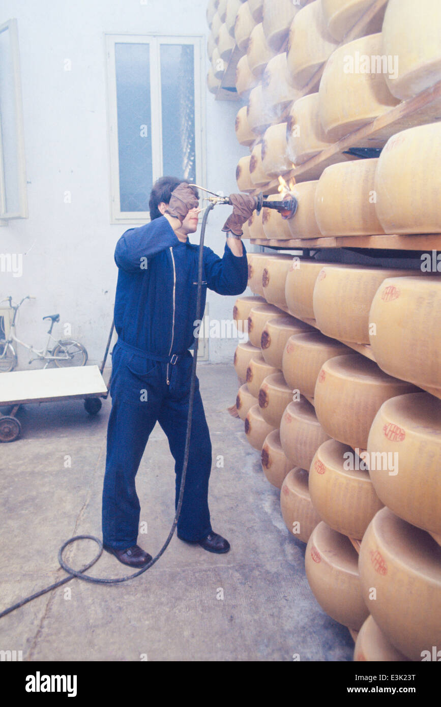 Industria láctea,el parmigiano reggiano producción,70's Foto de stock
