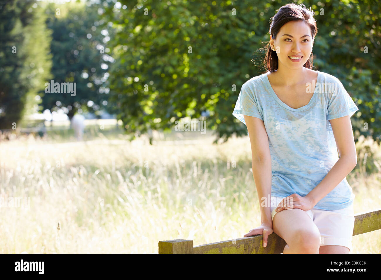 Bonita mujer asiática sentado en el cerco de campo Foto de stock