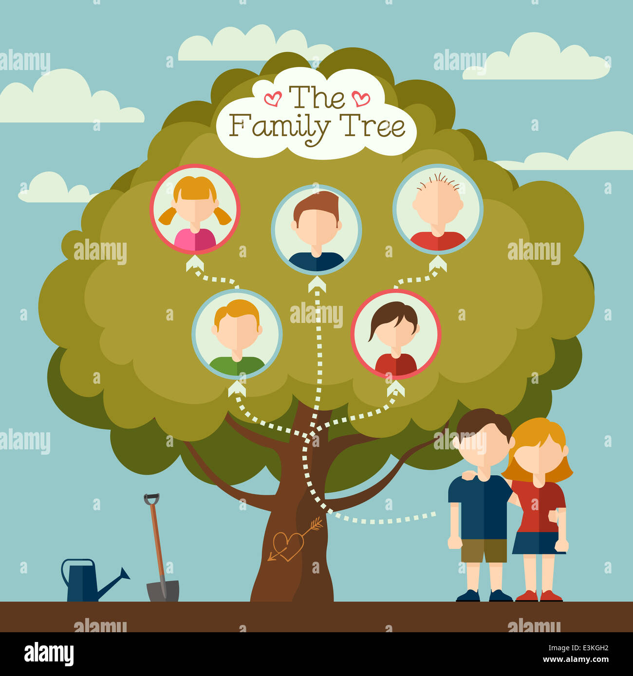 El árbol genealógico de la joven pareja ilustración con avatares. Plantilla  de diseño plano Fotografía de stock - Alamy