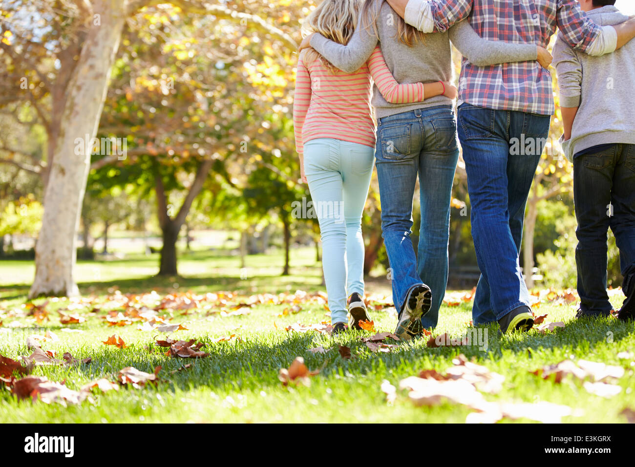 Vista trasera de la familia caminando a través del bosque de Otoño Foto de stock
