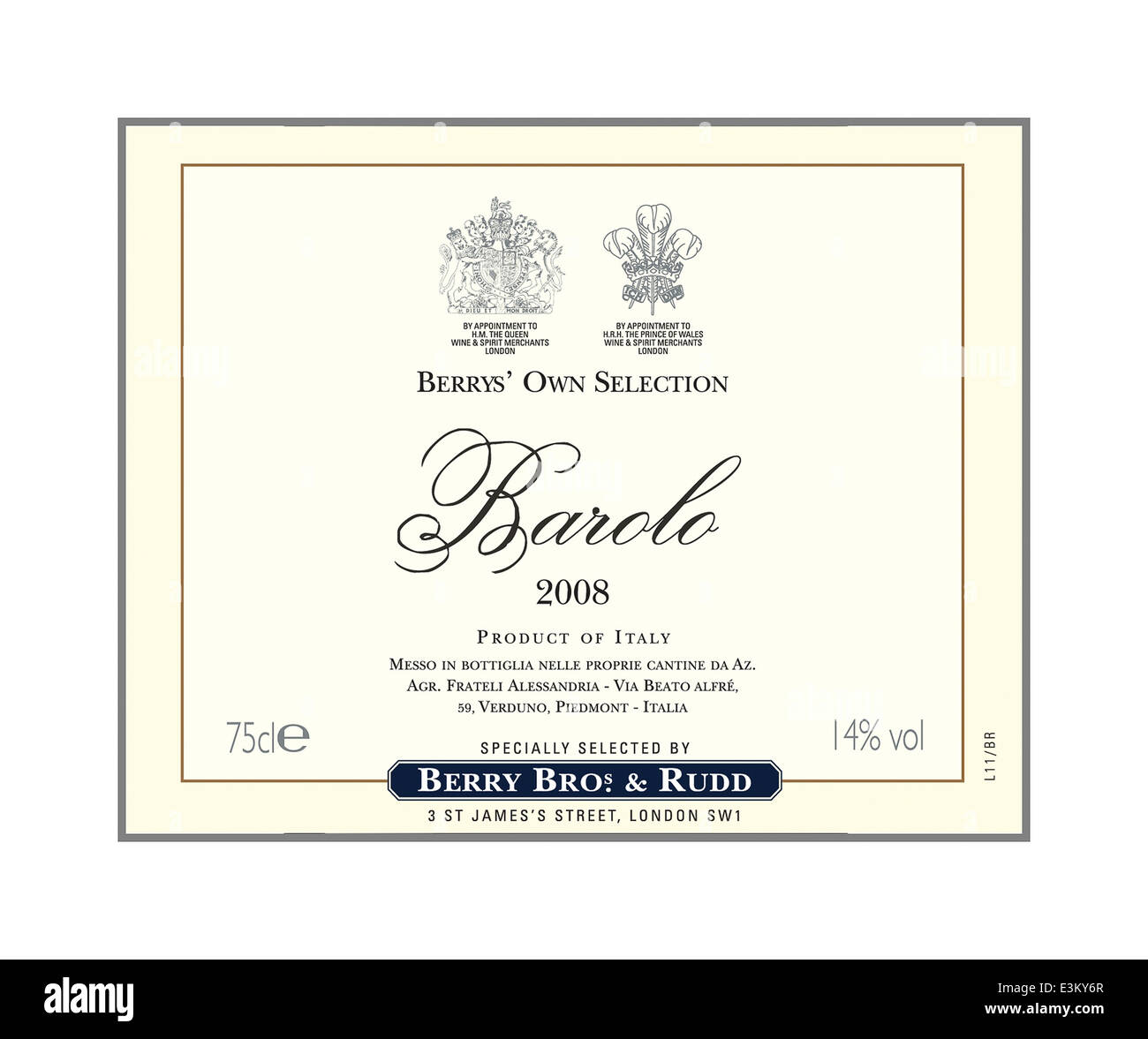 Berrys Bros & Rudd Barolo fina etiqueta de botella de vino tinto italiano 2008 Foto de stock