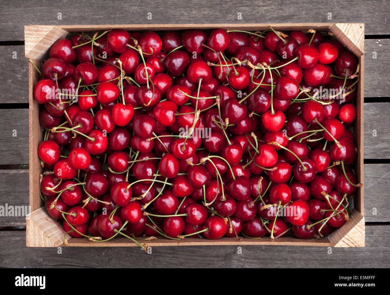Caja de madera de las cerezas frescas Foto de stock