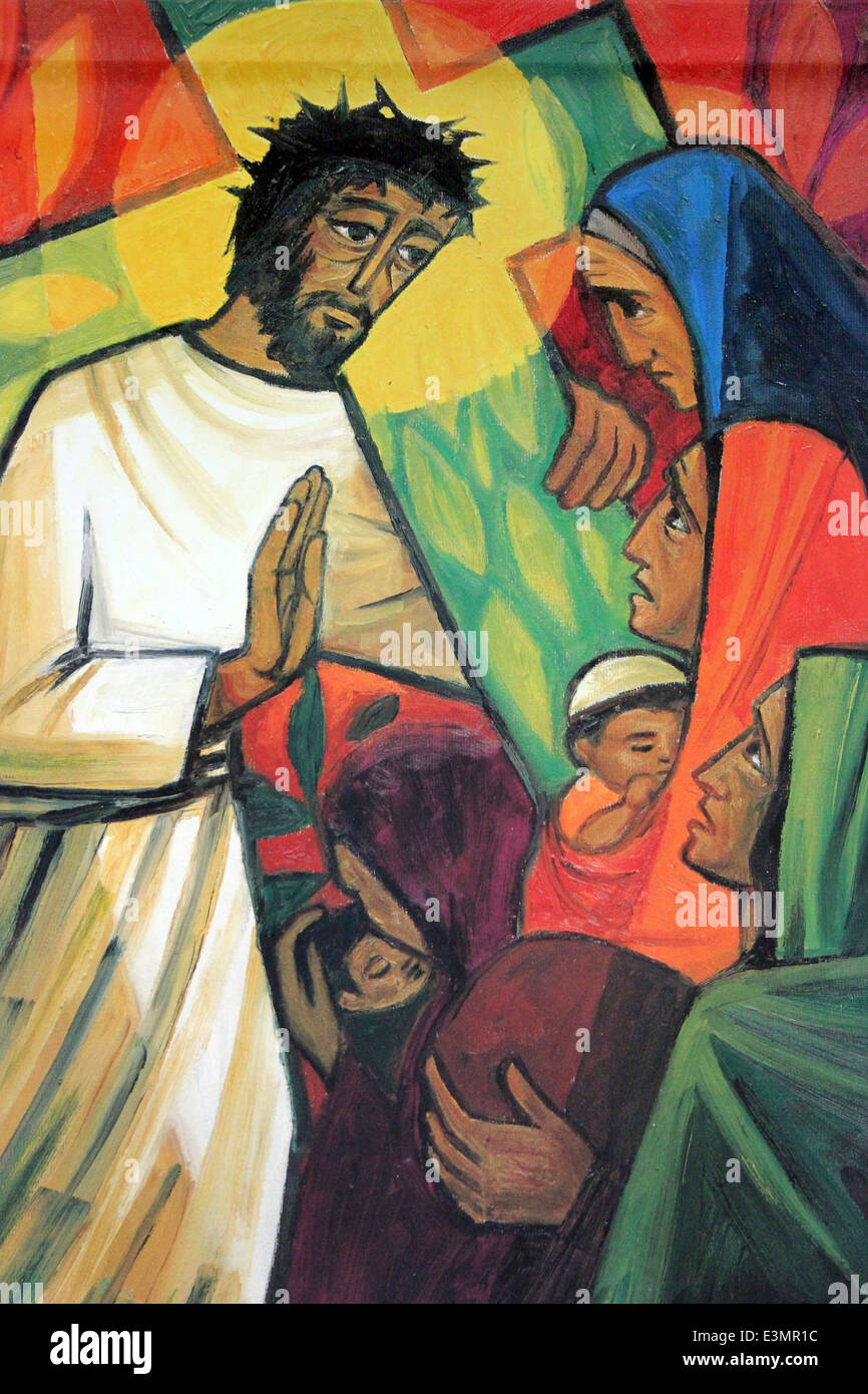 Arte Religioso contemporáneo representando a Jesús Cristo con cruz de madera Foto de stock