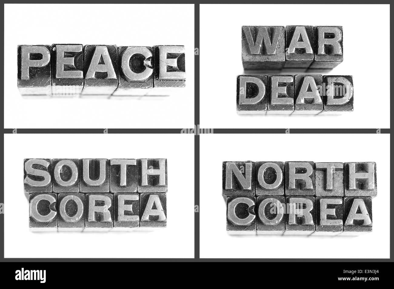 Metal tipo palabras como paz, guerra, muertos, Corea del Sur, Corea del Norte Foto de stock