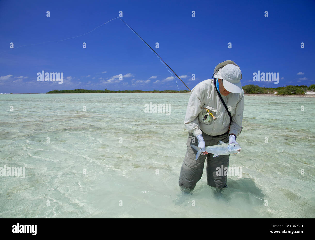 Pesca con mosca de bonefish de agua salada en las islas de las Bahamas Foto de stock