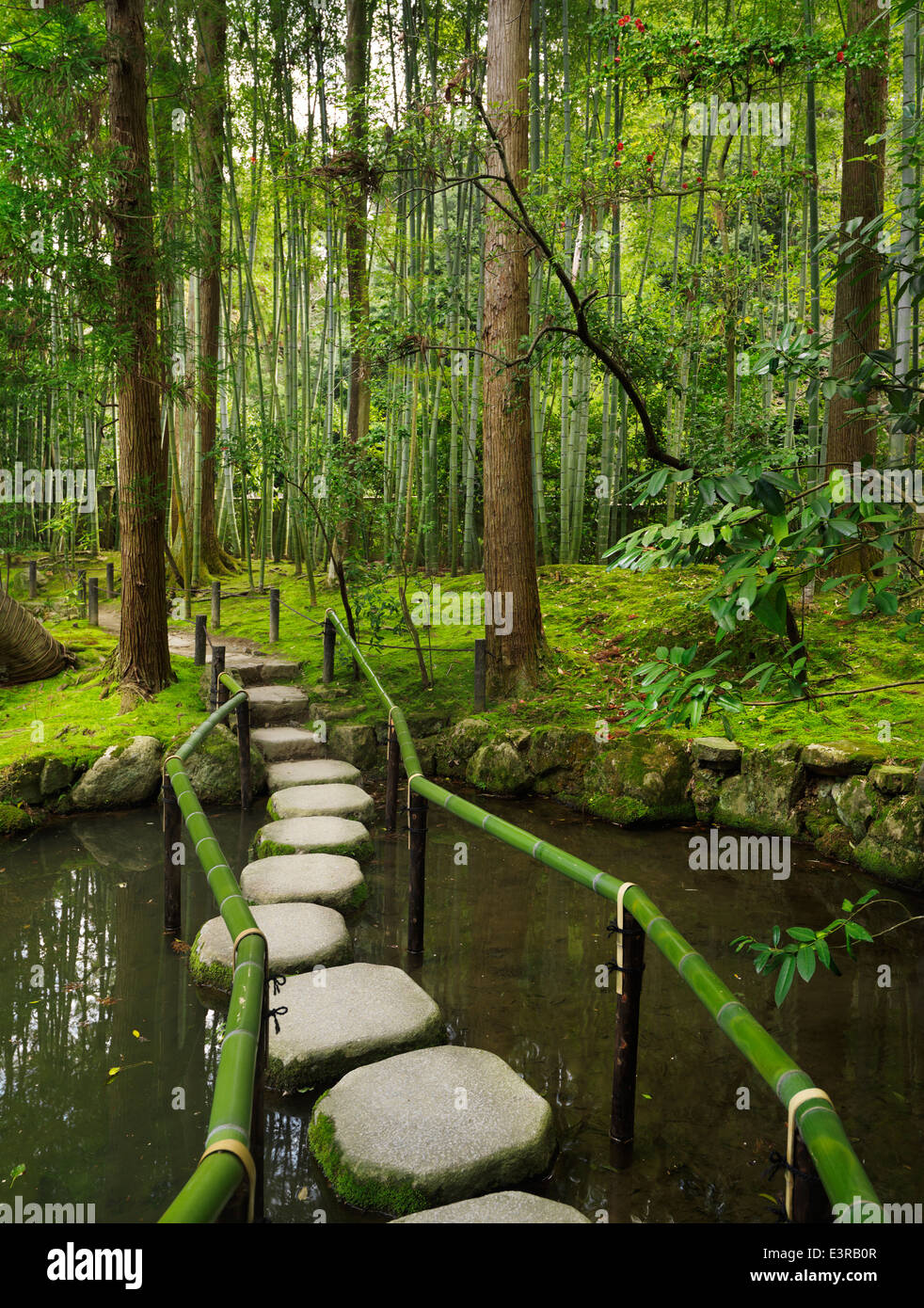 Stepping Stones en un estanque en un jardín zen japonés. Kyoto, Japón