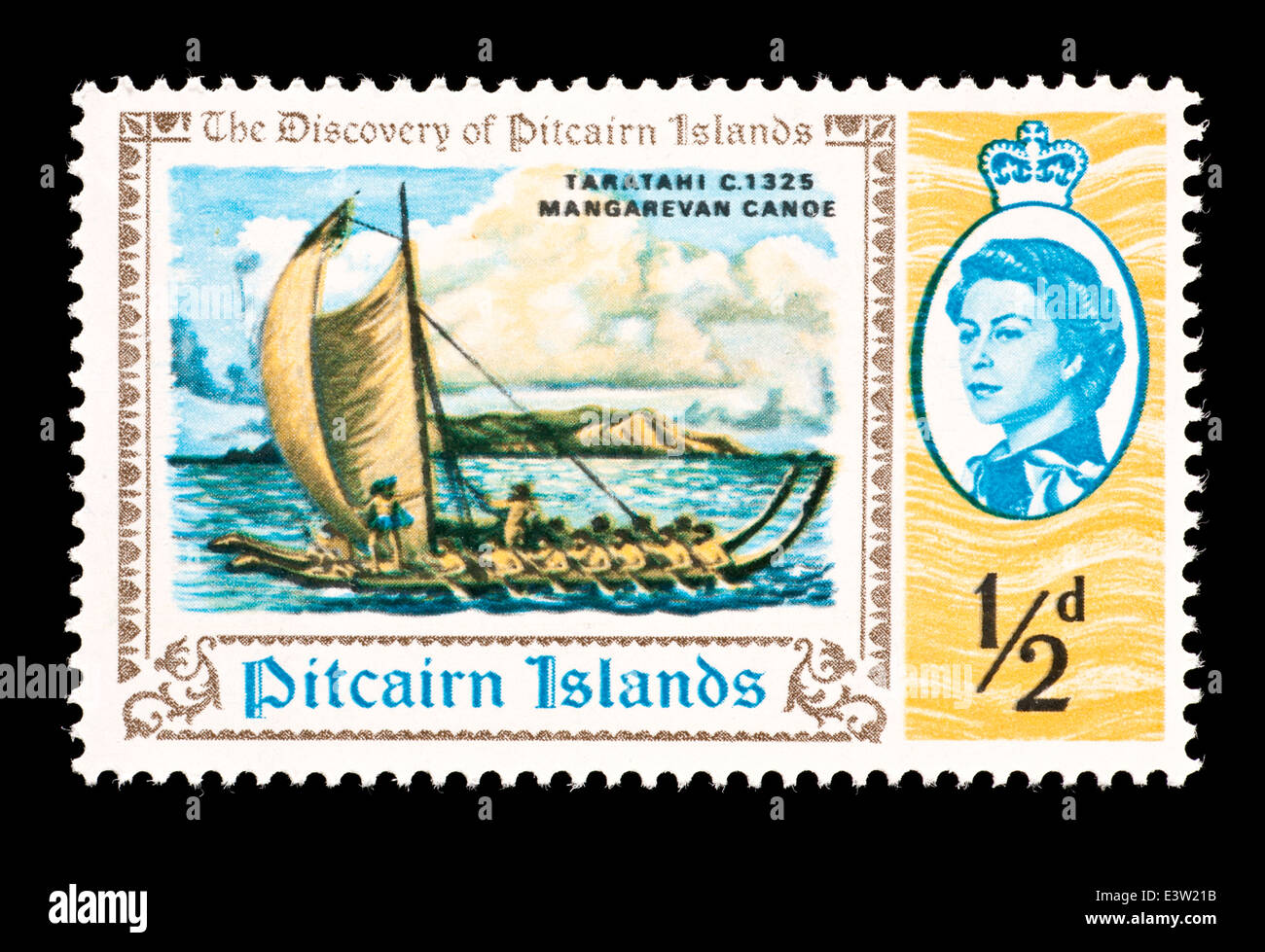 Sello de las Islas Pitcairn Mangarevan describiendo una canoa y la Isla de Pitcairn. Foto de stock
