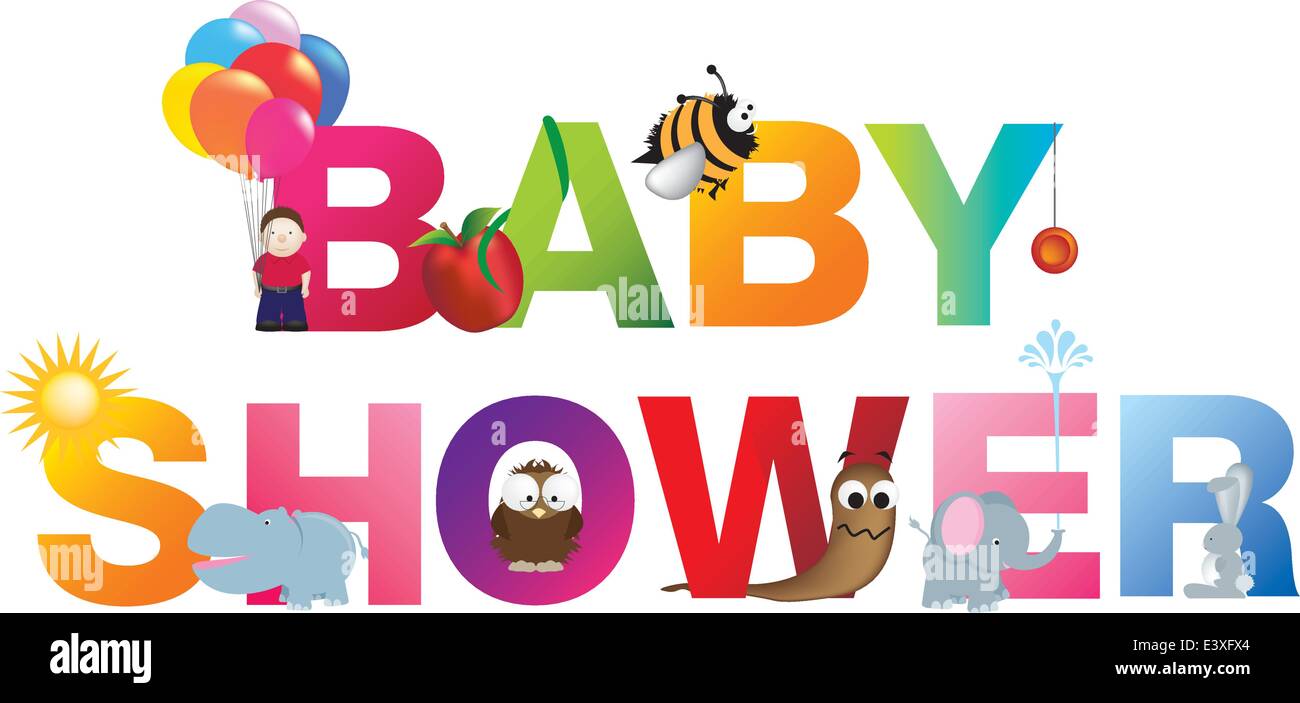 Las palabras de baby shower hechas de alfabeto letras de dibujos animados  con animales y objetos coincidentes Imagen Vector de stock - Alamy