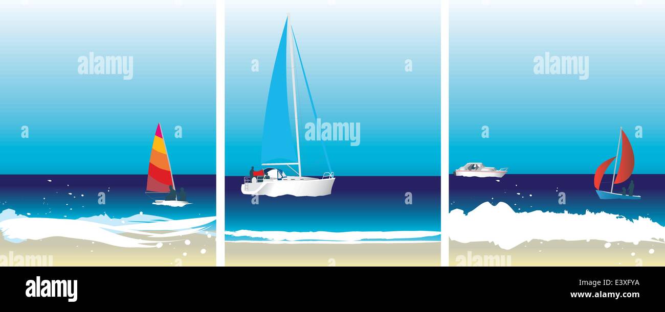 Conjunto de la ilustración y el barco de vela imágenes en el océano Ilustración del Vector
