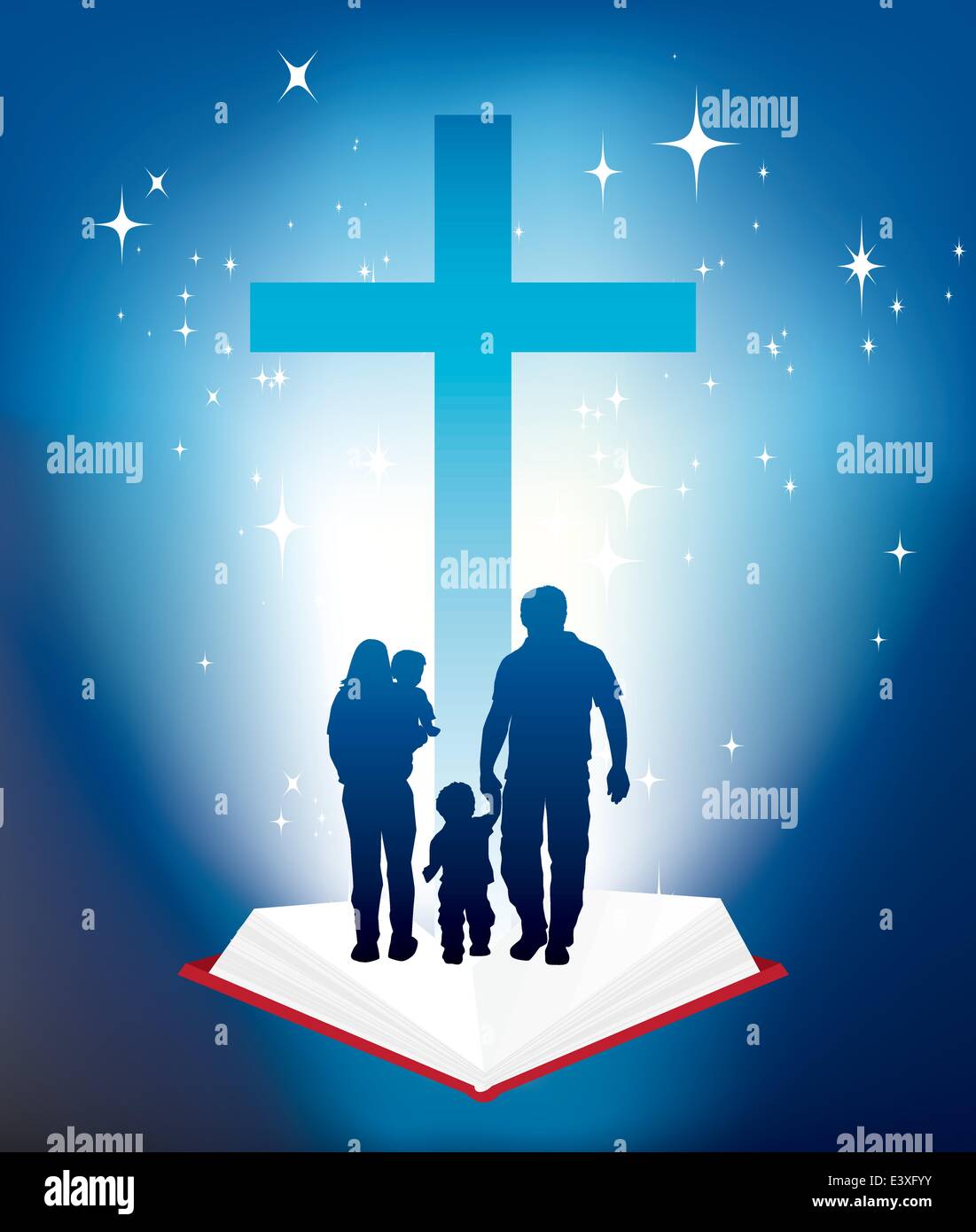Ilustración de la familia cristiana y la biblia y cruz Imagen Vector de