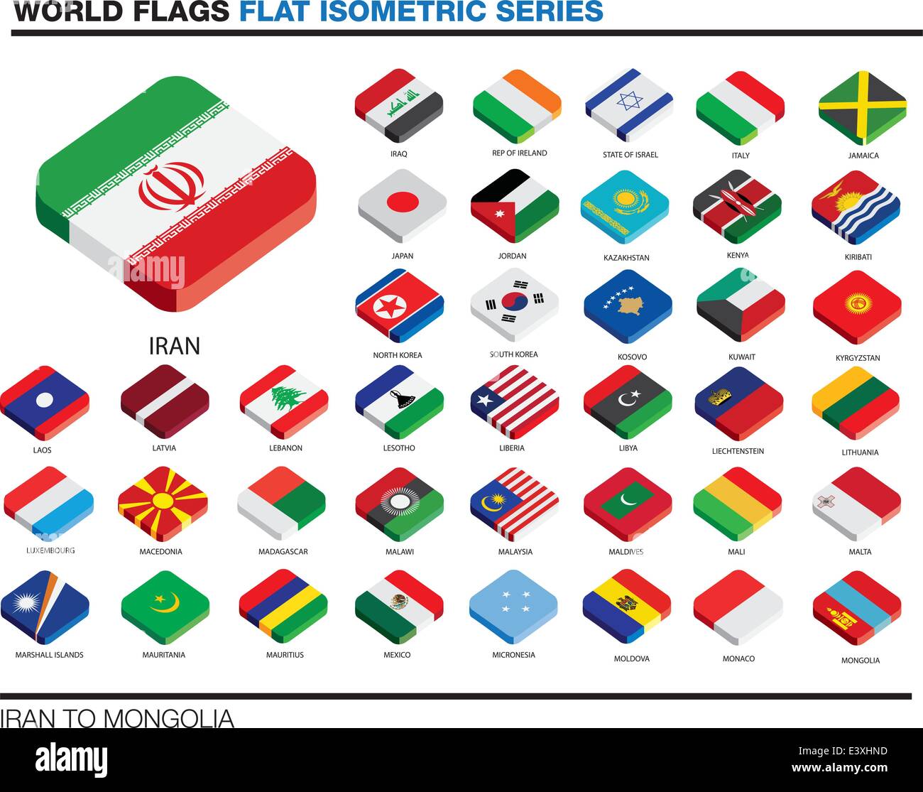 Mundo aislado banderas en color plano sobre un fondo blanco. Ilustración del Vector
