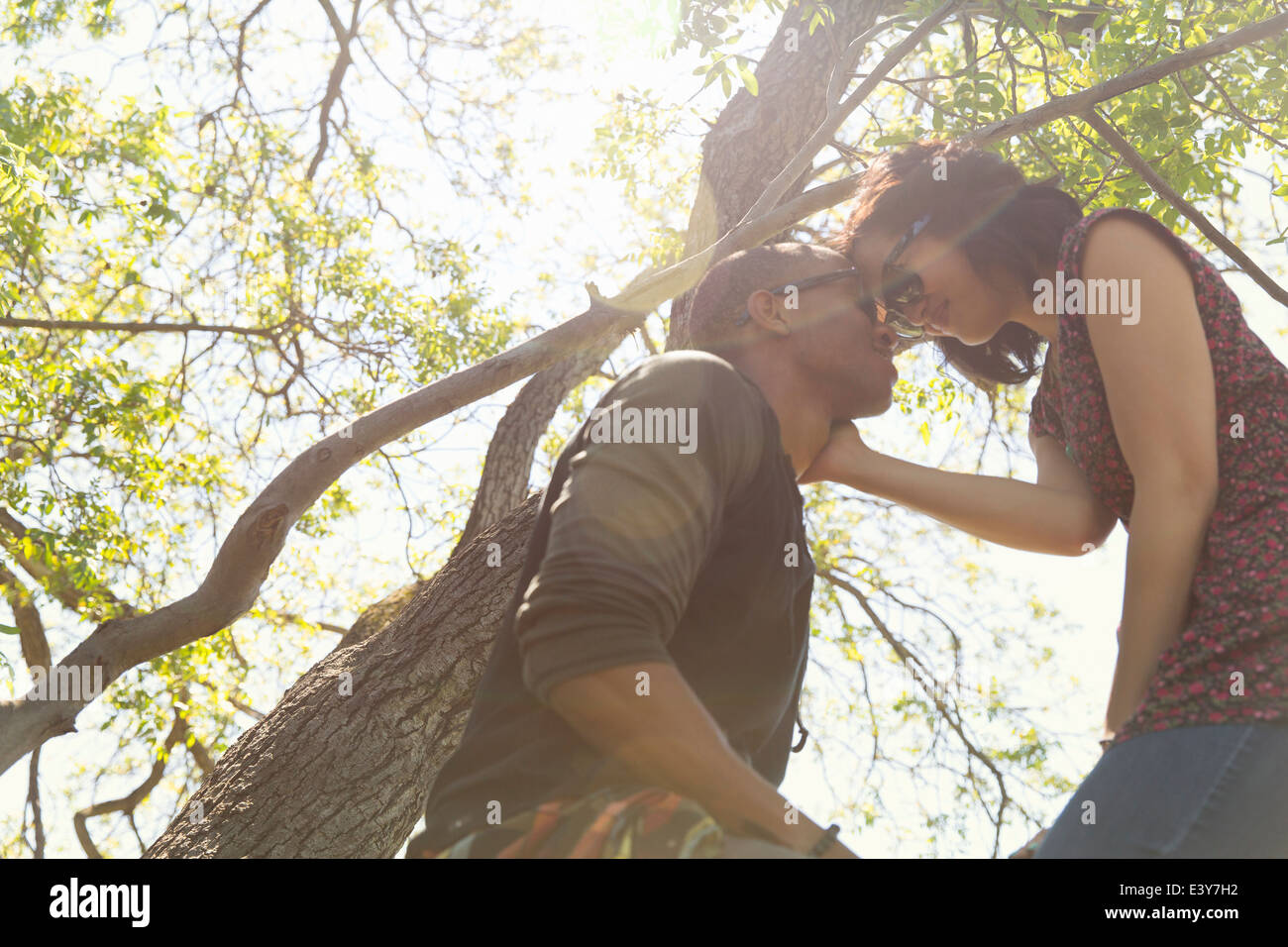 Romántica pareja joven cara a cara en el árbol Foto de stock