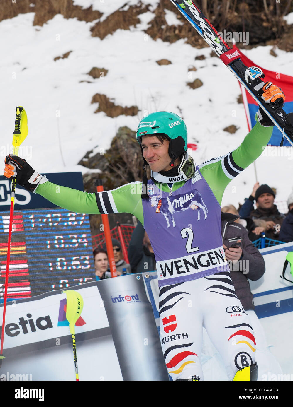 Hombre de FIS de la Copa del Mundo de Esquí Alpino en Wengen Slalom Featuring: Felix Neureuther donde: Wengen, Suiza Cuando: 19 Jan 2014 Foto de stock