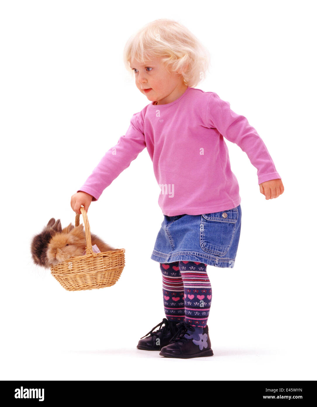 Niña jugando con conejos en una canasta. Modelo liberado Foto de stock