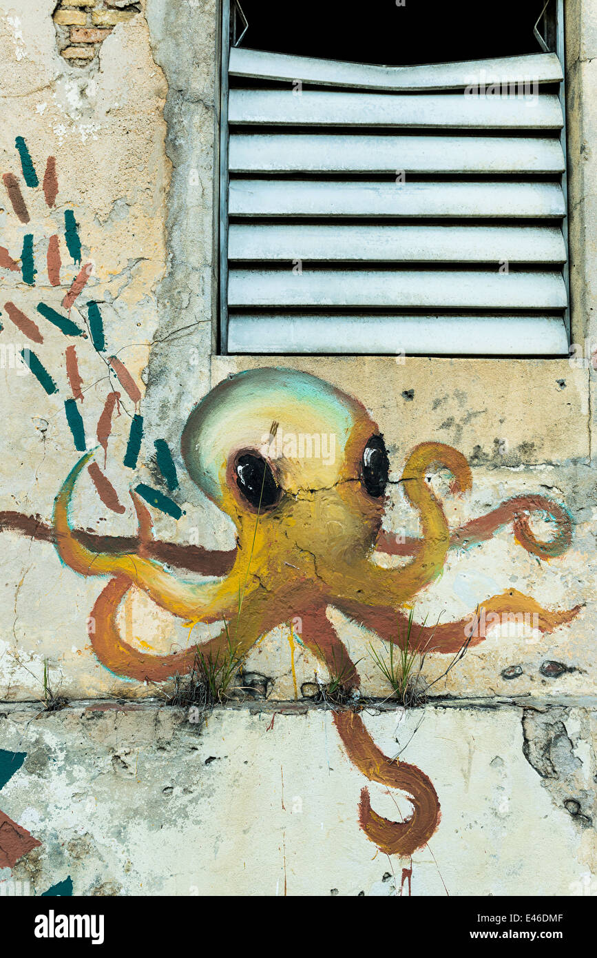 Arte pintado, un mural de un pulpo en el frente de un edificio en ruinas en Frederiksted, St. Croix, Islas Vírgenes de los Estados Unidos. Foto de stock